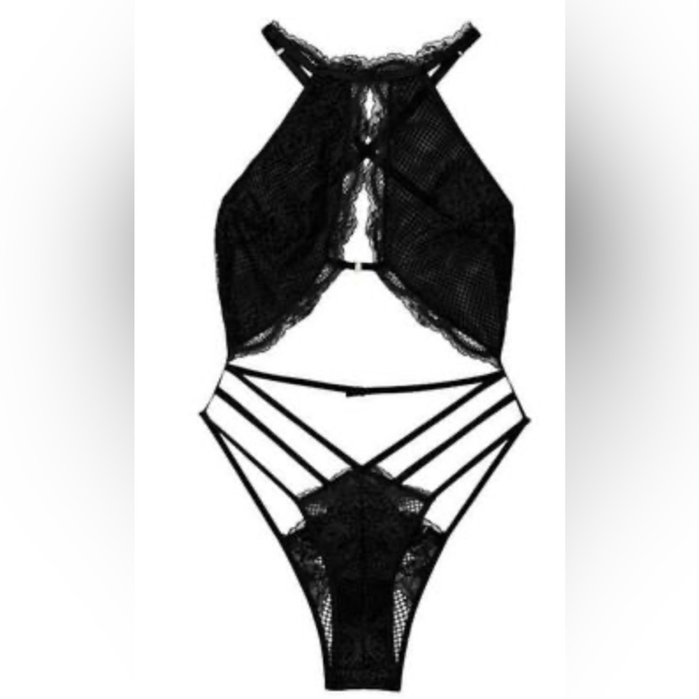 Victoria’s Secret black lace high-neck strappy lingerie bodysuit large NWT